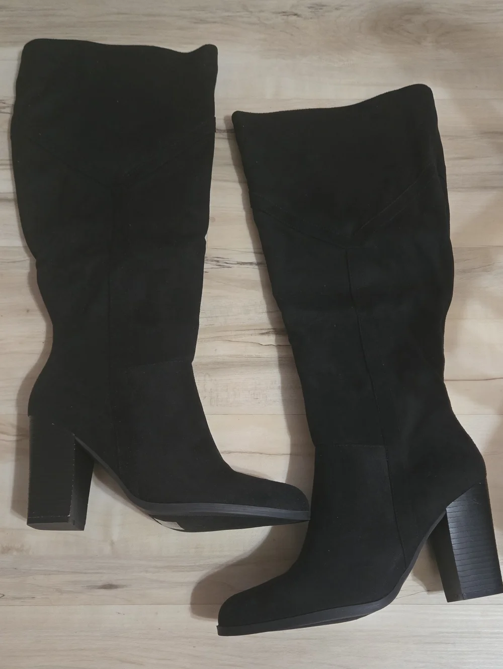 Black Faux Suede Knee-High Block Heel Boots - Women Wide Calf